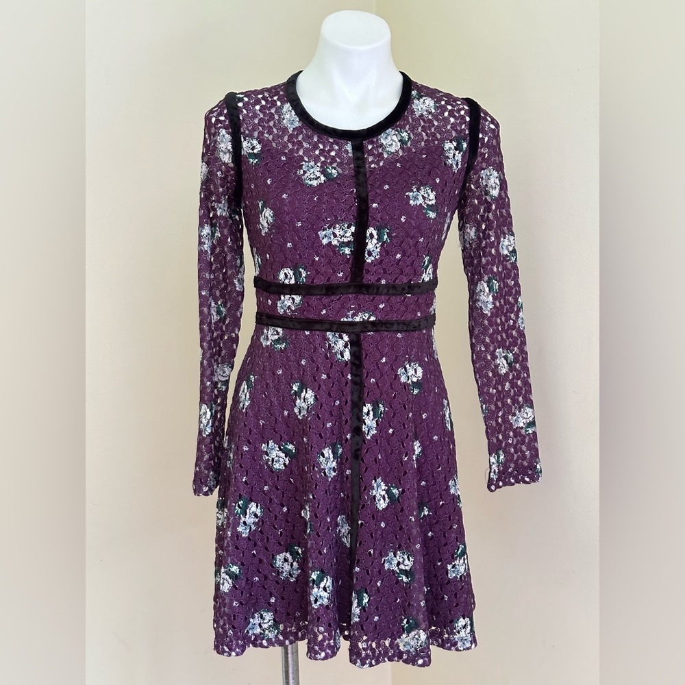 Xhilaration Purple White Floral Eyelet Lace Black Velvet Stripes Midi Dress Sz S